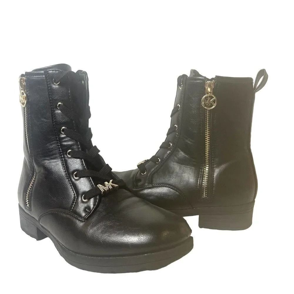 MICHAEL Michael Kors Womens 5 Black Casual Faux Leather Combat Boots Lace Up Mid